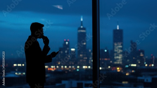 Silhouetted businessman drinking, using mobile phone indoors at night, cityscape view through rain-streaked window. Reflects ambition, challenge, vision, success.