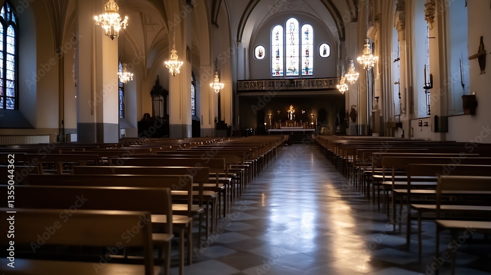 Obraz premium Elegant interior of an empty church featuring wooden pews and stunning stained glass windows : Generative AI