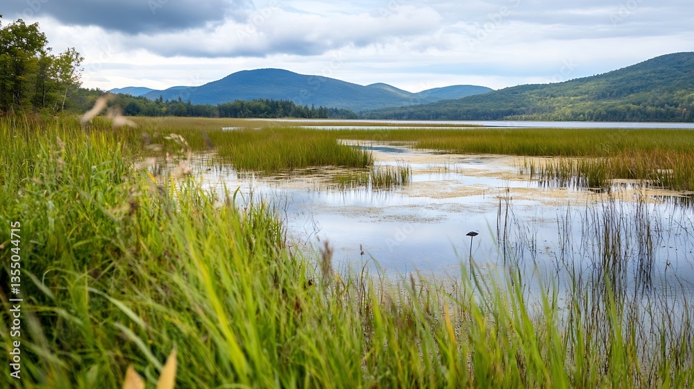 Scenic view of tranquil lake surrounded by lush green grass and serene mountains in the background : Generative AI Scenic view of tranquil lake surrounded by lush green grass and serene mountains in the background : Generative AI