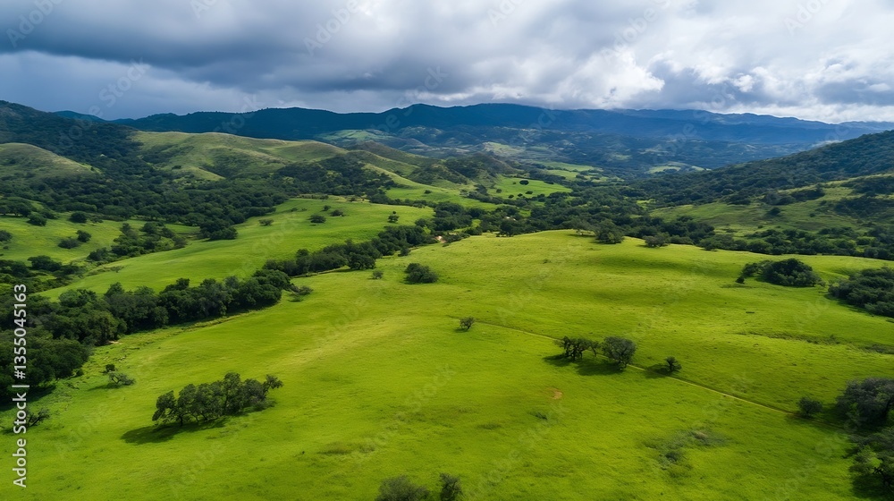 Vibrant Green Hills and Valleys Under Dramatic Cloudy Sky in Lush Rural Setting : Generative AI Vibrant Green Hills and Valleys Under Dramatic Cloudy Sky in Lush Rural Setting : Generative AI