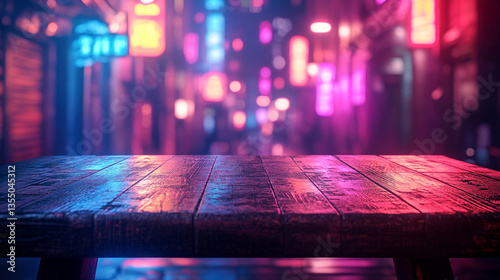 Empty wooden table top with neon light bokeh background of modern city, night view, blurred lights background, wallpaper. purple, blue, pink colors.product display, backdrop banner mockup template.