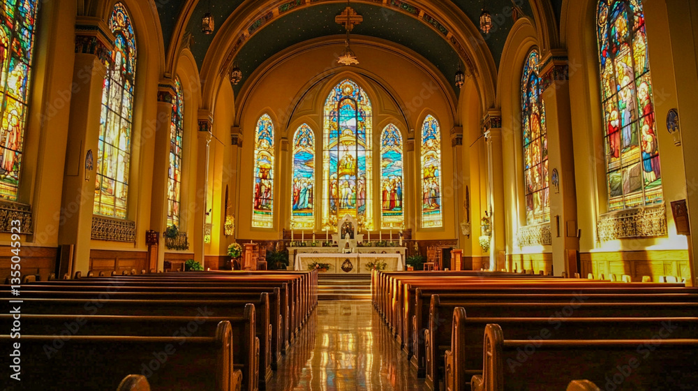 Obraz premium A stunning church interior featuring colorful stained glass windows and elegant wooden pews, creating a serene and spiritual atmosphere.