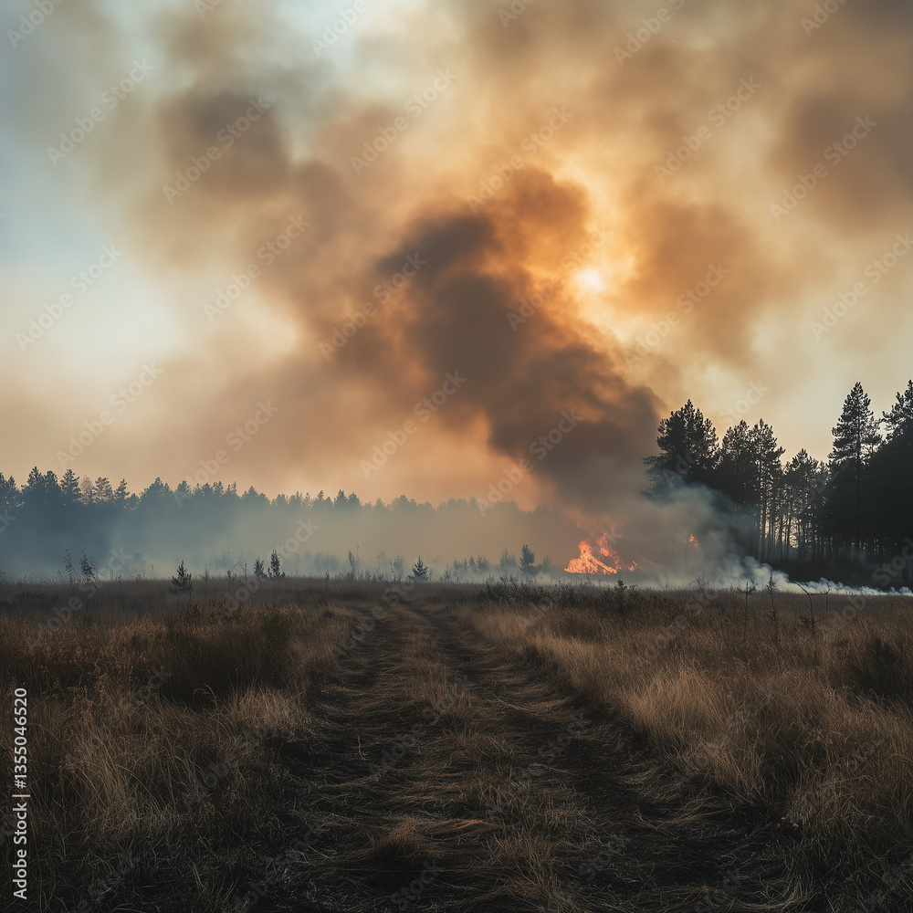 Wildfire burning trees and land getting closer to homes and smoke polluting the sky Wildfire burning trees and land getting closer to homes and smoke polluting the sky