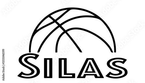 Silas  - first name written in sport style and stylized basketball sketch; black color; vector graphics for banners, cards, sweatshirts, prints, cricut, silhouette, sublimation	