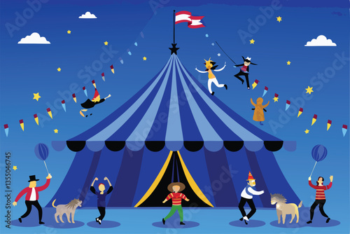 A vibrant circus tent under a bright sky, featuring acrobats performing daring feats.  Detailed rendering of costumes and expressions.