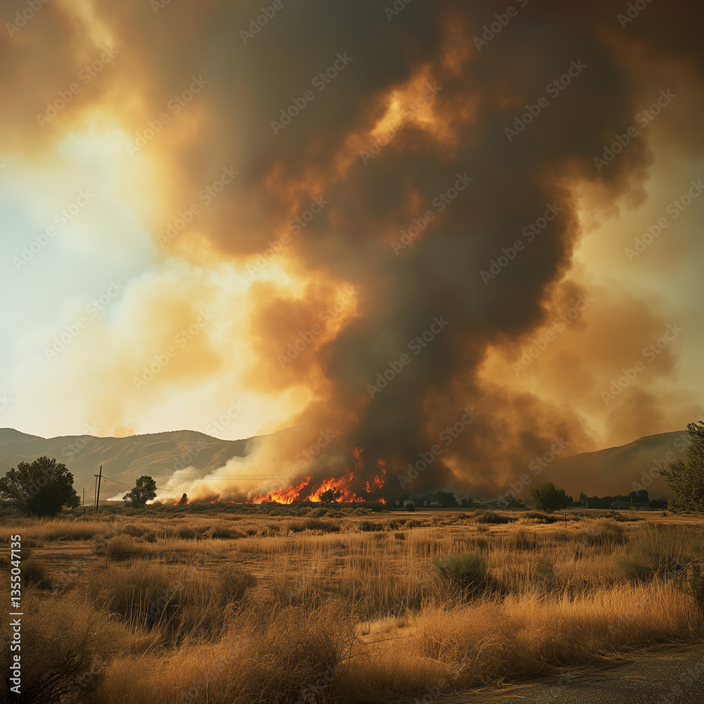 Wildfire burning trees and land getting closer to homes and smoke polluting the sky Wildfire burning trees and land getting closer to homes and smoke polluting the sky