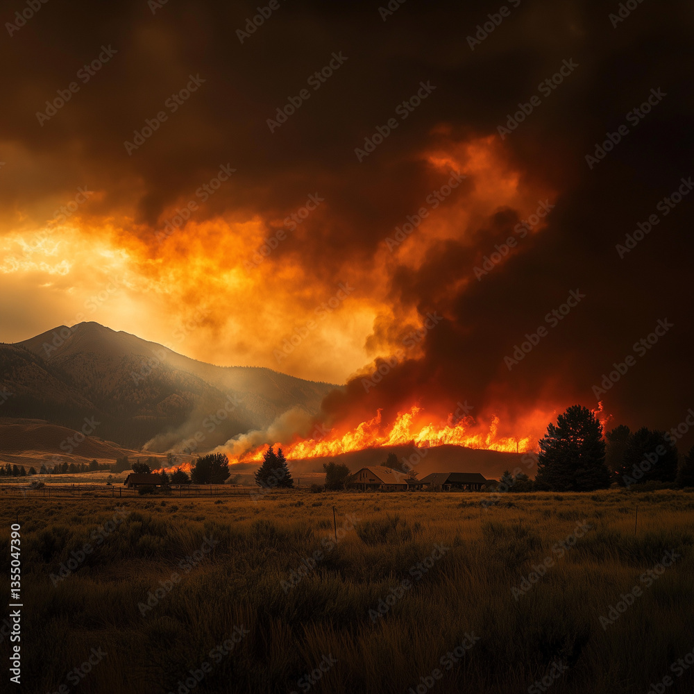 Fototapeta premium Wildfire burning trees and land getting closer to homes and smoke polluting the sky