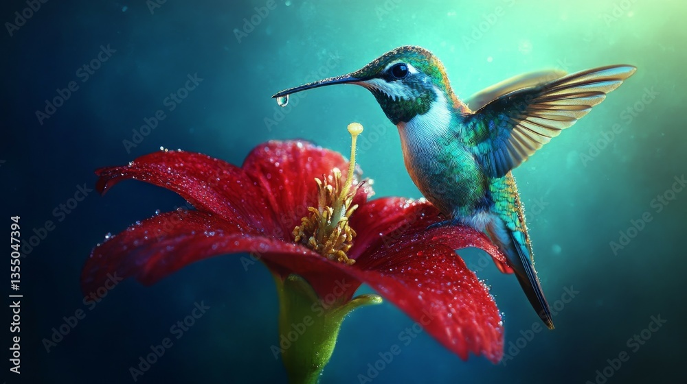Fototapeta premium Ethereal Encounter Vibrant Hummingbird Sips from Crimson Blossom in Teal Oasis - Detailed Close-Up of Serene Nature's Beauty
