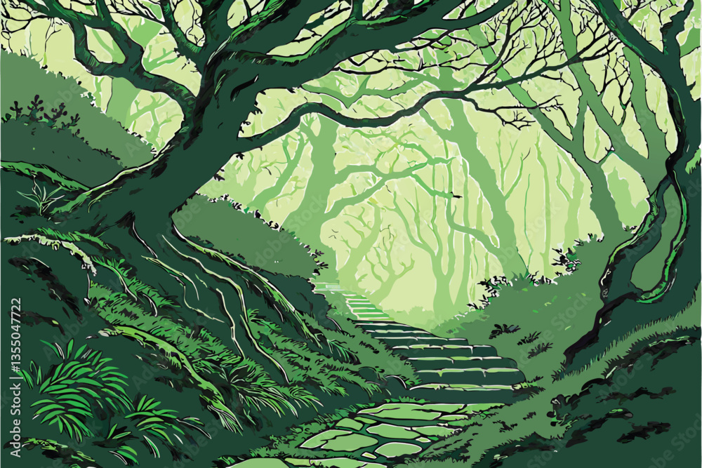 Fototapeta premium 22 Enchanted forest, twisted moss-covered trees, winding path, ancient stone steps, misty atmosphere, ethereal green glow, magical woodland, intertwining branches, fantasy landscape, mystical forest t