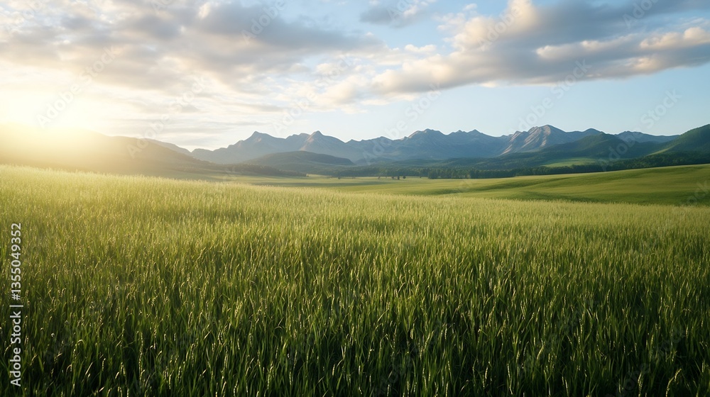 Fototapeta premium Stunning panoramic view of a tranquil green field with mountains under a bright blue sky : Generative AI