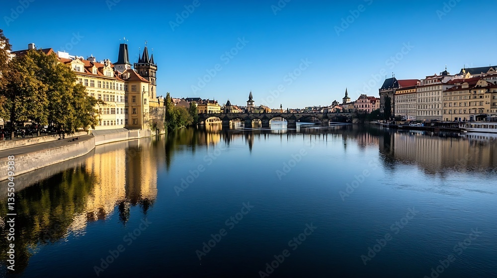 Fototapeta premium Scenic view of a historical bridge in Prague reflecting on calm waters of the river under a clear sky : Generative AI