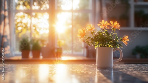 Sunrise flowers kitchen counter calm morning