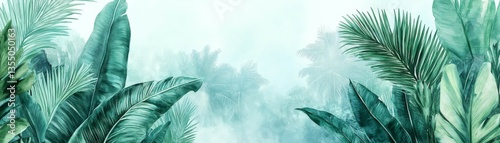 Serene Tropical Leaves Panorama in Soft Teal - Botanical Illustration with Stylized Banana Leaves, Tranquil Jungle Setting