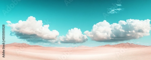 Surreal Desert Landscape with Peach Sand Dunes and Teal Sky - Dreamlike Horizon With Fluffy Clouds and Smooth Mountains