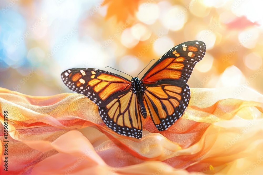 Fototapeta premium A Monarch butterfly with vibrant orange wings rests gently on a soft, peach-colored fabric, bathed in warm sunlight.