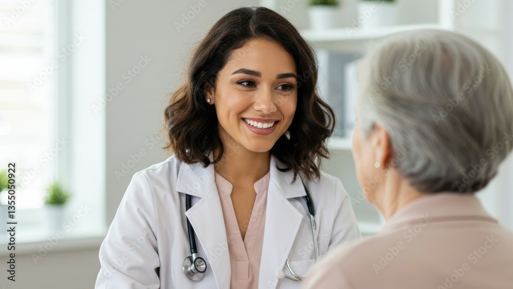 Hispanic doctor consults with senior patient in clinic. Physician provides care, expertise, medical advice promoting wellbeing, positive interaction, healthcare access. Hispanic doctor consults with senior patient in clinic. Physician provides care, expertise, medical advice promoting wellbeing, positive interaction, healthcare access.