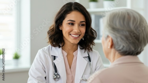 Hispanic doctor consults with senior patient in clinic. Physician provides care, expertise, medical advice promoting wellbeing, positive interaction, healthcare access.