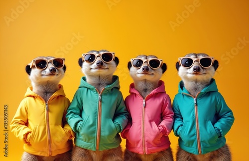 Four meerkats wearing sunglasses, colorful jackets, stand in a row. Funny animals with cool look on yellow background, AI-generated image. Cute animals wear fashion clothes.
