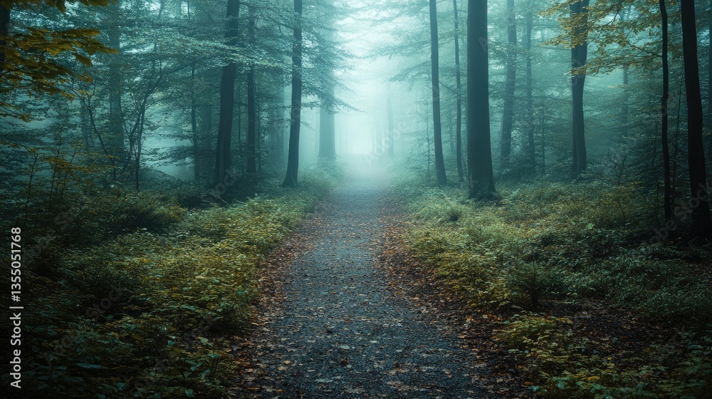 Fototapeta premium A pathway in a quiet forest leading into the mist, symbolizing the journey of self-discovery and therapy.