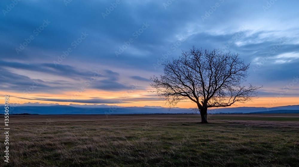 A lone tree standing against a dramatic sunset sky over a vast field capturing the essence of solitude : Generative AI A lone tree standing against a dramatic sunset sky over a vast field capturing the essence of solitude : Generative AI
