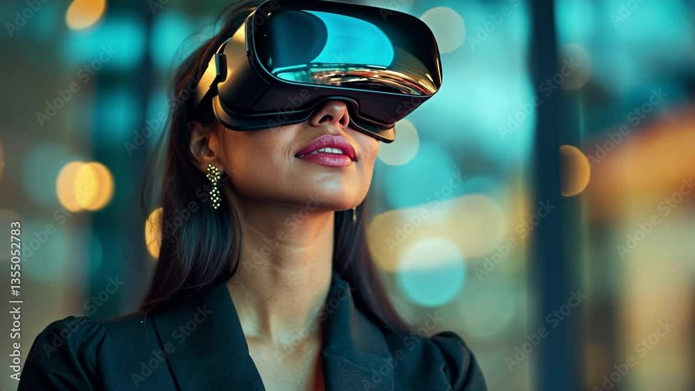 Immersed in Digital Realm: A woman with a vibrant expression explores the possibilities of a virtual reality headset, bridging the gap between the physical and digital worlds Immersed in Digital Realm: A woman with a vibrant expression explores the possibilities of a virtual reality headset, bridging the gap between the physical and digital worlds