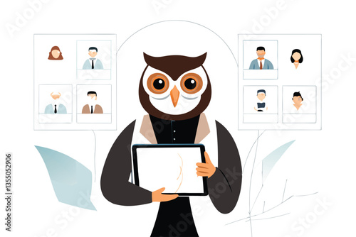 A wise owl, wearing glasses, participates in a virtual business meeting, holding a tablet displaying a video conference.