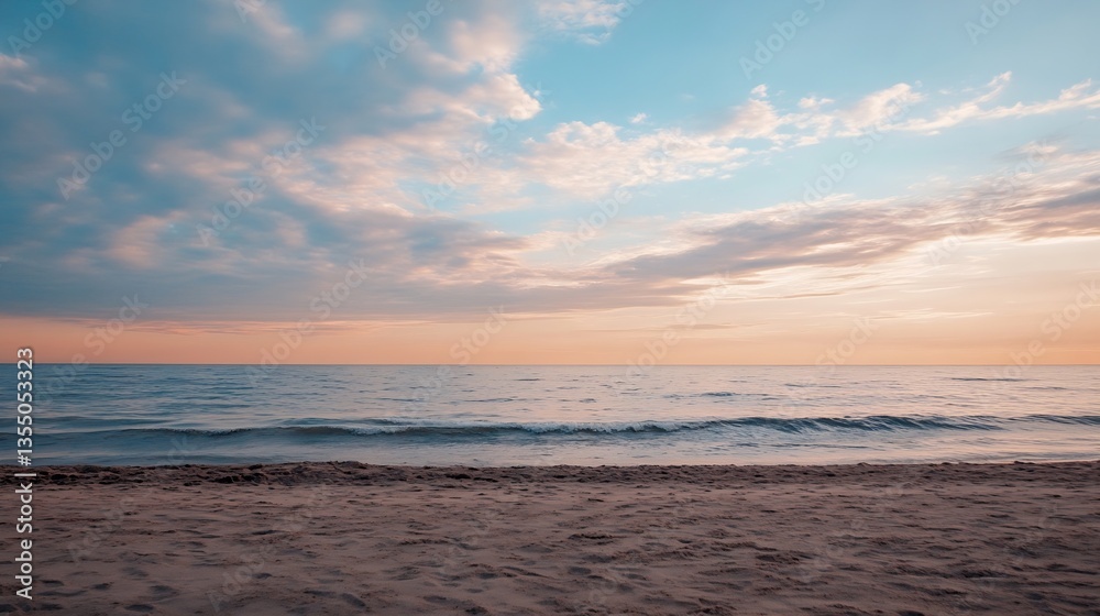 Obraz premium Tranquil sunset over calm ocean waves on a serene sandy beach inviting relaxation and peace : Generative AI