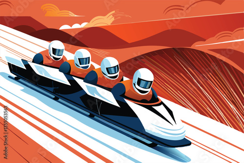 Create a dynamic vector illustration of a thrilling bobsled race, emphasizing the speed and competition of multiple teams.  Show sleek bobsleds and blurred backgrounds.