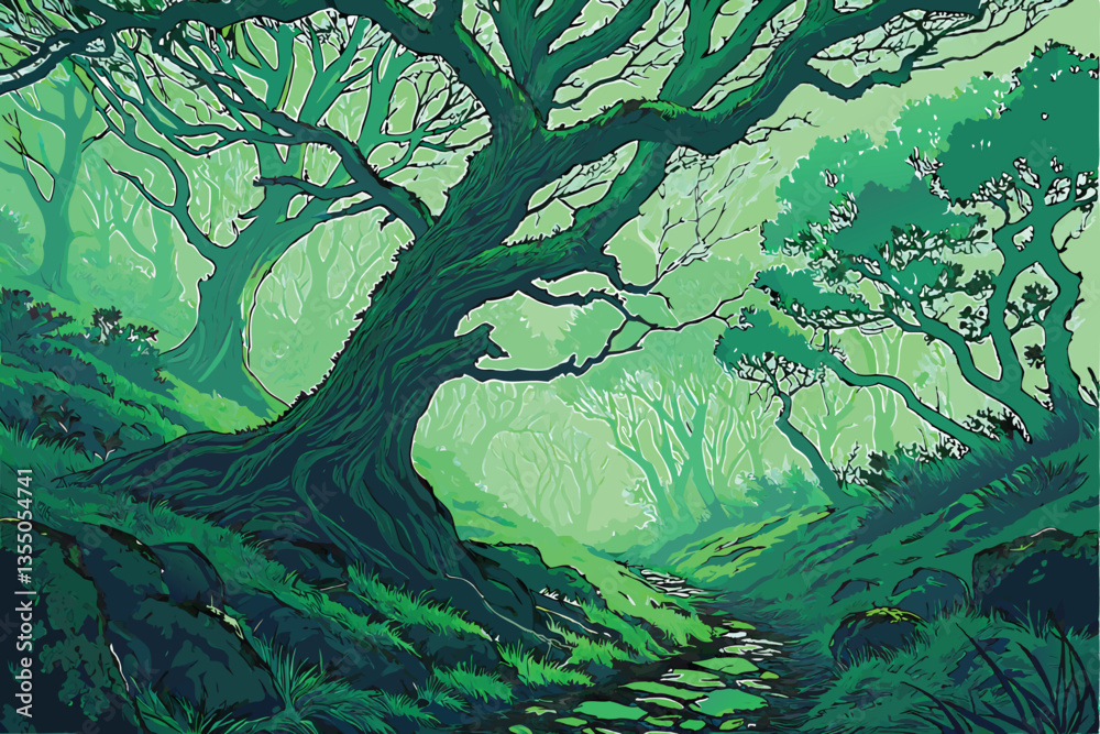 23 Mystical ancient forest, twisted moss-covered trees, ethereal green light, misty atmosphere, dense foliage, otherworldly landscape, enchanted woodland, magical forest path, diffused sunbeams, fanta
