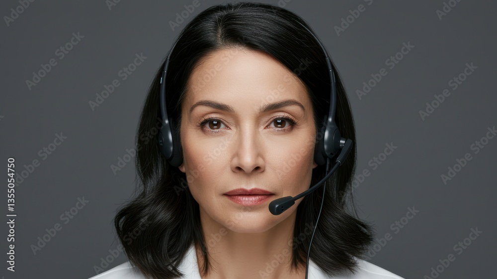 Mature Asian woman with headset microphone against gray background. Customer service representative offers solutions, assistance. Modern technology connects business, people. Mature Asian woman with headset microphone against gray background. Customer service representative offers solutions, assistance. Modern technology connects business, people.