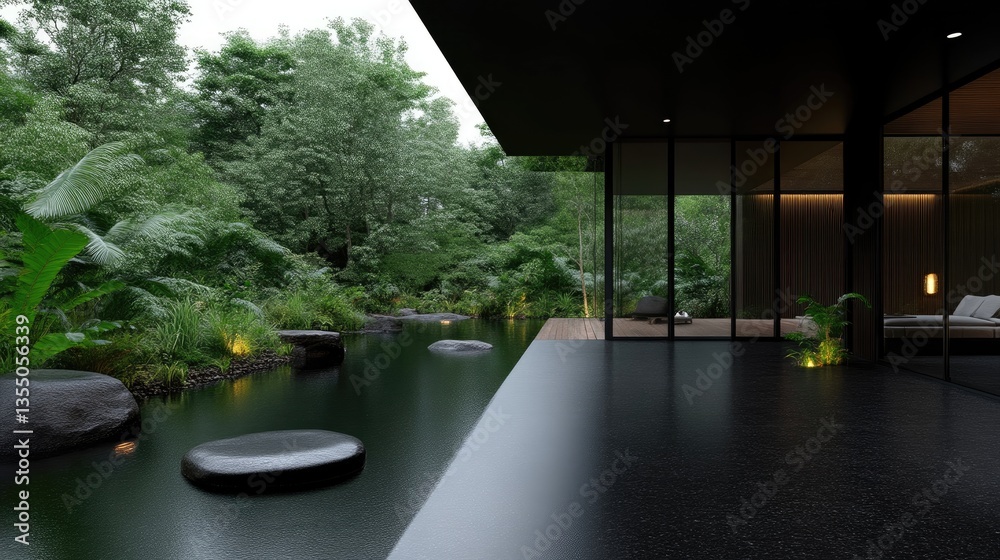 Fototapeta premium Modern minimalist home with lush tropical garden and water feature. Tranquil outdoor living space seamlessly connected to a dark interior