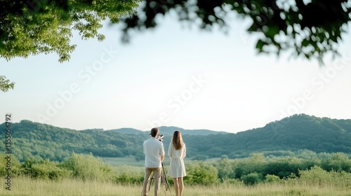 Couple observing landscape through telescope