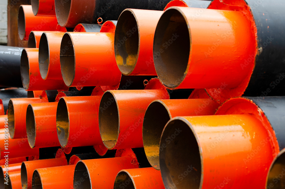 New pipes at a construction site. Stacks of black pvc plastic pipe outdoors. Plastic water pipes. Industrial PE pipeline for gas and water. HDPE pipe, Polyethylene PE100 pipe. New pipes at a construction site. Stacks of black pvc plastic pipe outdoors. Plastic water pipes. Industrial PE pipeline for gas and water. HDPE pipe, Polyethylene PE100 pipe.