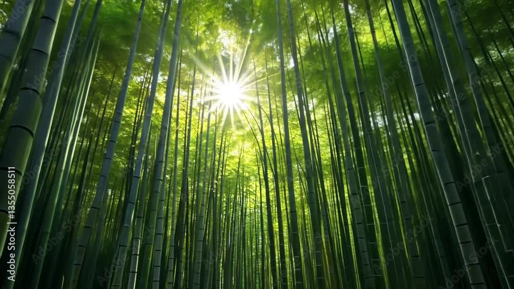 Sunlight Streaming Through Tall Bamboo Forest in Natural Environment Sunlight Streaming Through Tall Bamboo Forest in Natural Environment