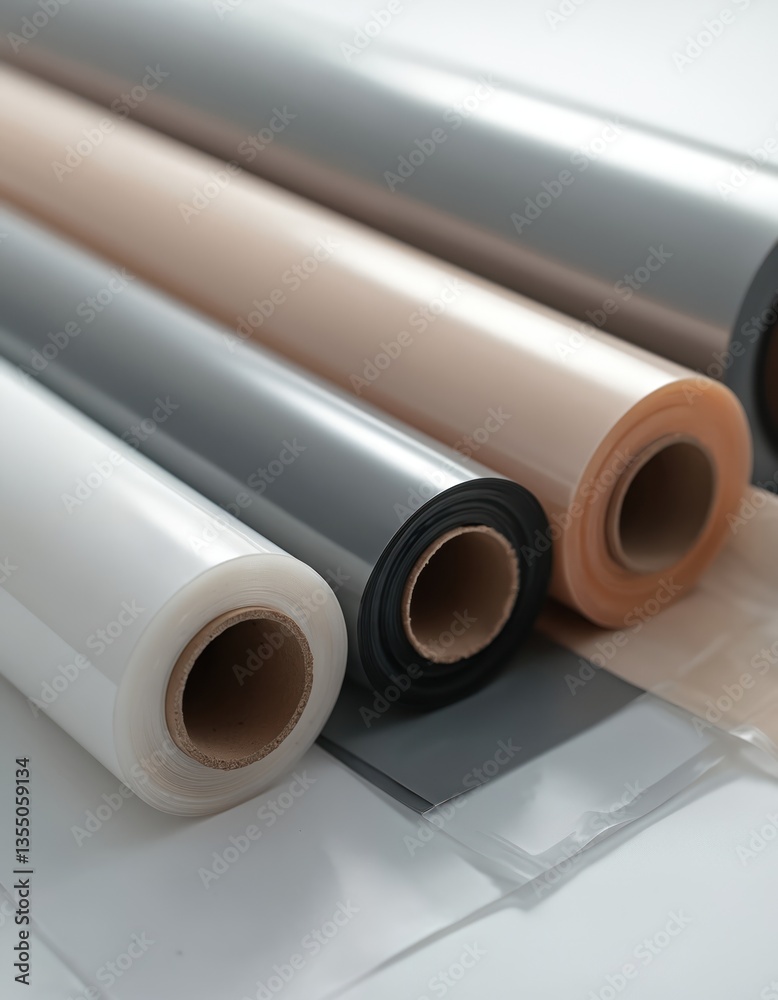 Fototapeta premium Rolls transparent, tinted plastic film. Material for packaging, wrapping, industrial, manufacturing. Clear, grey, black, shiny, reflective surfaces. Packaging material, industry production. Closeup