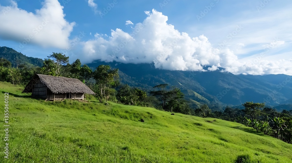 Scenic hillside with a traditional hut surrounded by lush green mountains and clouds : Generative AI Scenic hillside with a traditional hut surrounded by lush green mountains and clouds : Generative AI