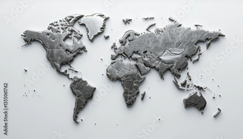 World Map Relief Sculpture in Silver Tone on White Surface