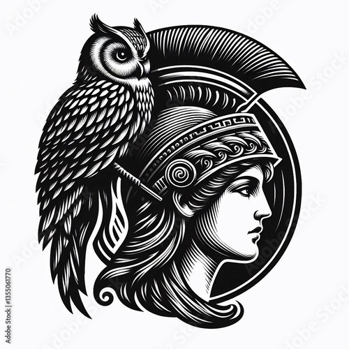 Athena Owl  Helmet Woodcut Art