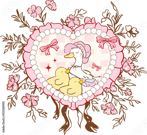 mama goose in Heart  doodle frame set, vector watercolor cute Valentine day border pink heart design. Hand drawn elegant minimal decor collection, romantic shield. Coquette love frame invitation print
