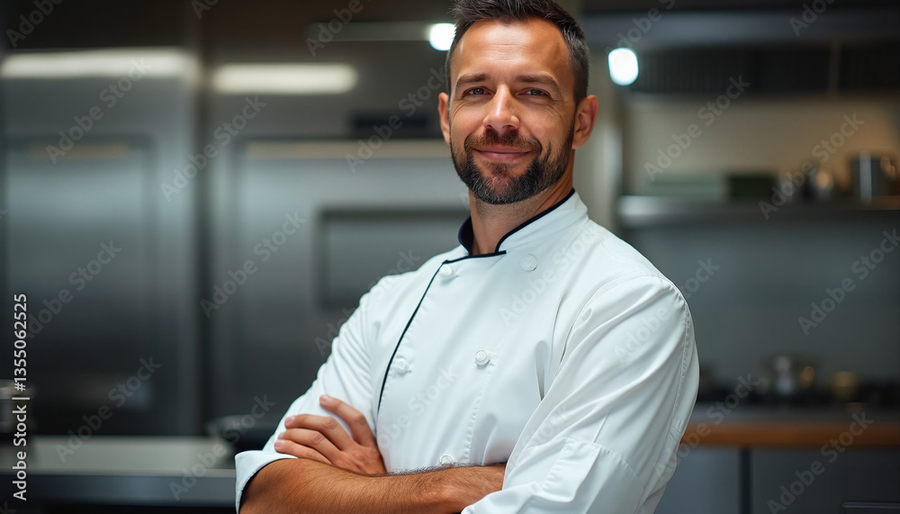 Confident male chef in white uniform smiling with crossed arms in modern kitchen