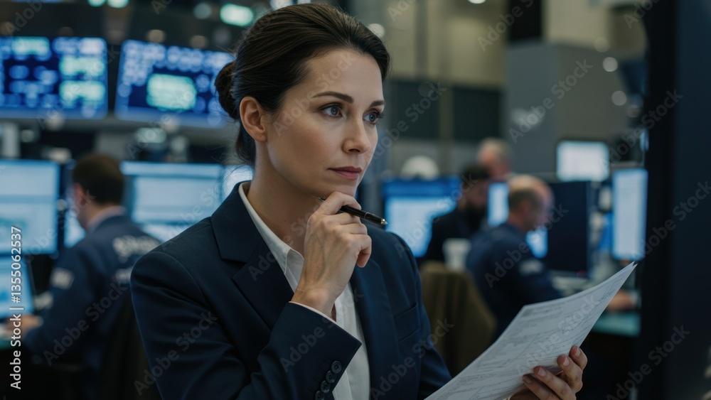 Caucasian businesswoman analyzes data in a trading floor office. Studying charts and graphs, she contemplates investment strategies. Focus on global markets, finance industry. Caucasian businesswoman analyzes data in a trading floor office. Studying charts and graphs, she contemplates investment strategies. Focus on global markets, finance industry.
