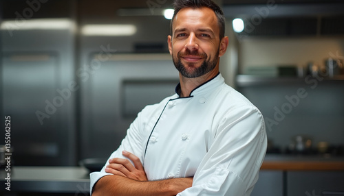 Obraz na płótnie Confident male chef in white uniform smiling with crossed arms in modern kitchen w salonie