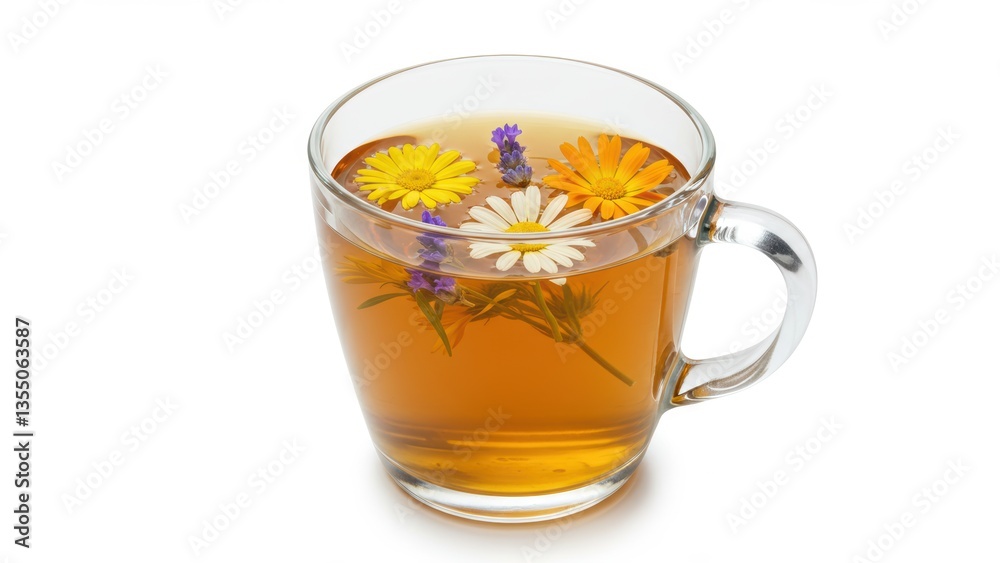 Herbal tea with marigold, chamomile, lavender in clear glass mug on white. Natural infusion for wellness, relaxation, and comfort. Herbal tea with marigold, chamomile, lavender in clear glass mug on white. Natural infusion for wellness, relaxation, and comfort.