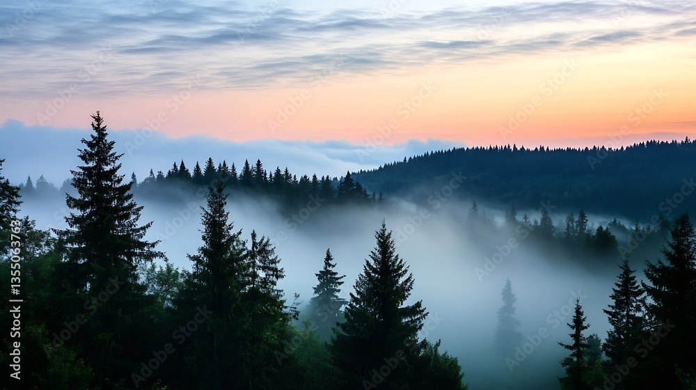 Obraz premium Misty forest landscape at sunrise with fog and towering trees creating a serene atmosphere : Generative AI