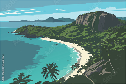 26 Tropical island paradise, aerial view, turquoise waters, rocky coastline, lush green vegetation, palm trees, clear blue sky, crystal clear lagoons, rugged cliffs, secluded beaches, pristine nature,