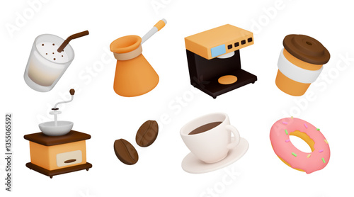 3d coffee. Cafe drink, food realistic characters as latte cup, Turk and machine for prepare beverage. Takeaway glass, breakfast donut. Espresso, cappuccino icons. Vector isolated render