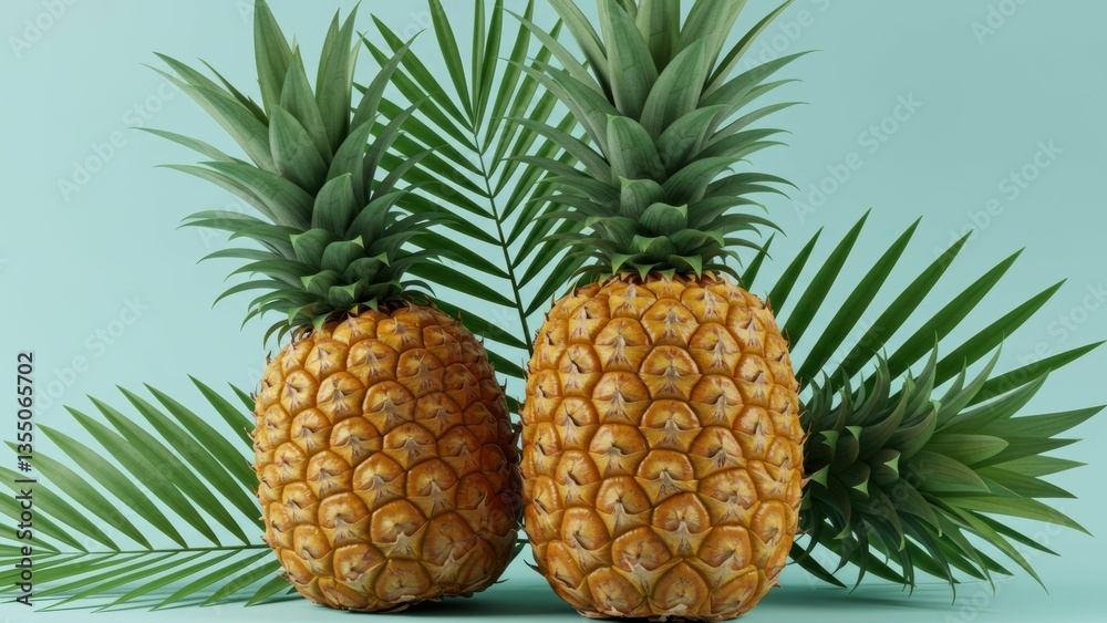 Two pineapples & palm leaves against blue background. Still life evokes freshness, health & tropical summer vibes. Minimalist composition is delicious & decorative. Two pineapples & palm leaves against blue background. Still life evokes freshness, health & tropical summer vibes. Minimalist composition is delicious & decorative.
