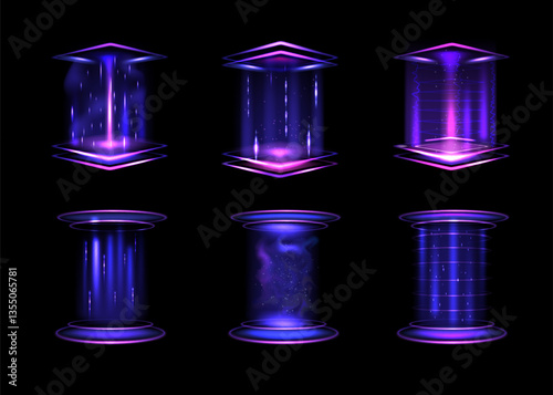 Game portal. Neon light hologram effect. Square digital interface with purple laser. Space glow frame. 3D teleport platform. Circle teleportation podium. Vector Sci-fi elements set