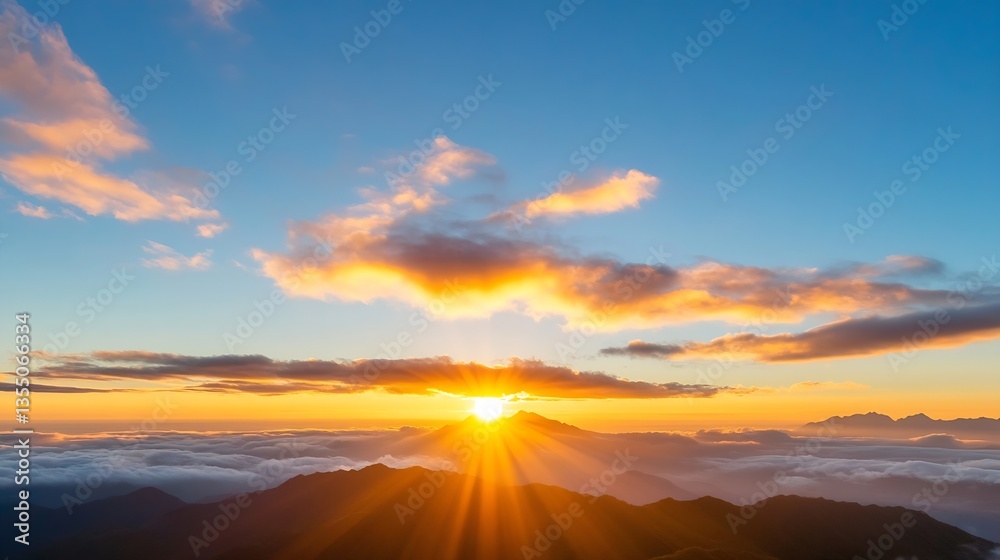 Fototapeta premium Breathtaking sunrise view over mountains with vibrant clouds lighting up the sky at dawn : Generative AI