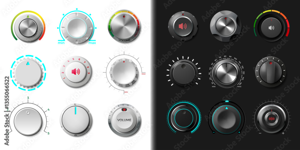 Radio dial. 3D knob buttons. Circle music switch. Round modern rotate control. Sound dashboard. Stereo recorder. Amplifier or mixer regulators. Audio panel tumblers. Vector isolated set